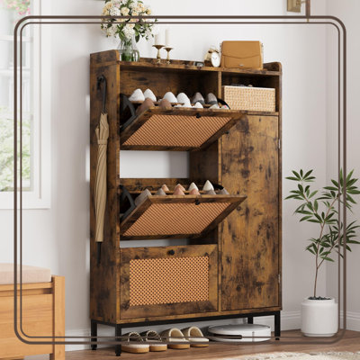 Rattan Shoe Cabinet with 3 Flip Drawers,Side Storage Cabinet and Open Shelf for Entryway,4-Tier Adjustable Shelves