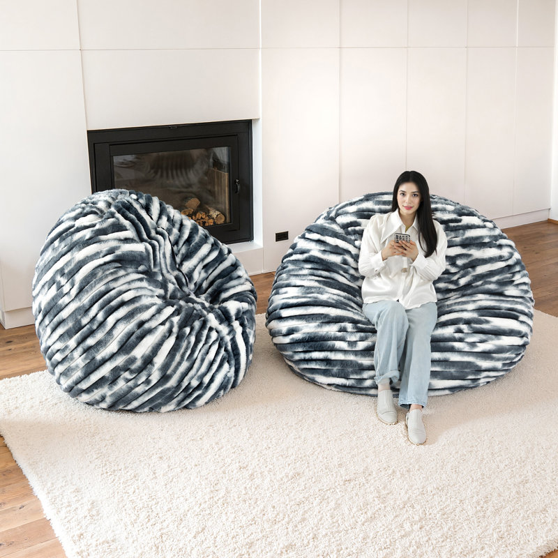 Oversized Large Round 5 Foot Giant Foam Filled Faux Rabbit Fur Bean Bag Sofa with Soft Removeable Cover, White/Navy
