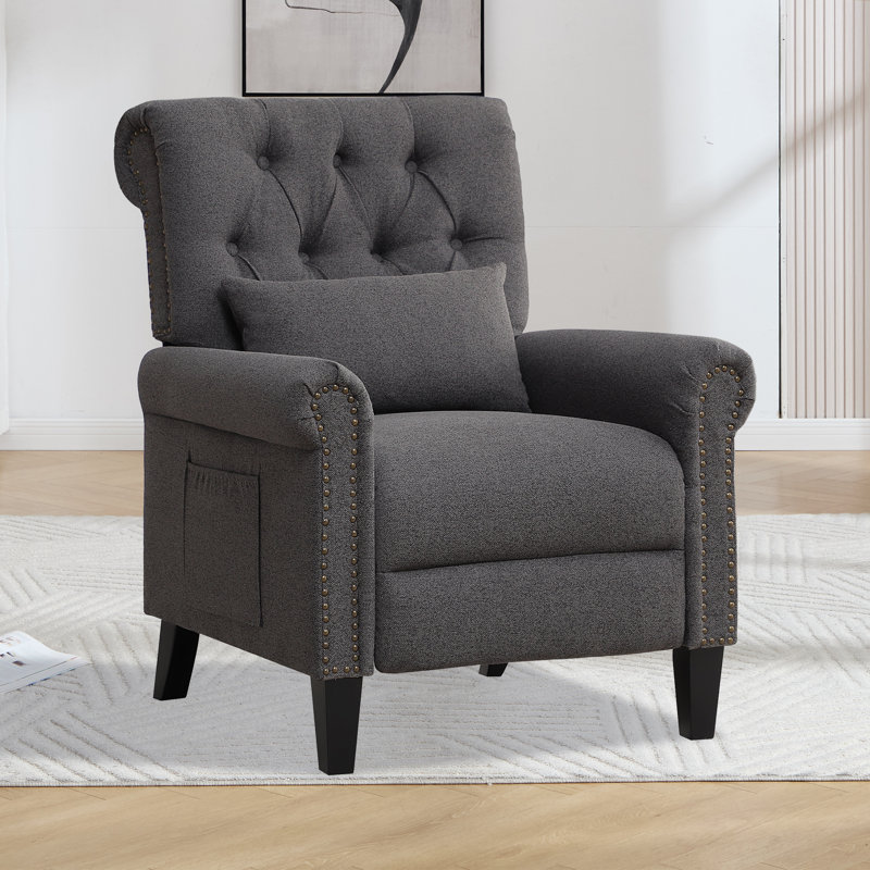 30" W Classic And Upholstered Soft Pushback Recliner With Rivets, Dark Gray