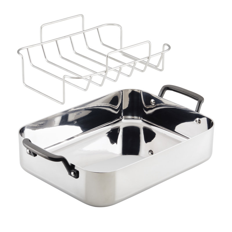 Polished Stainless Steel Non-Stick Roasting Pan with Rack and Handles