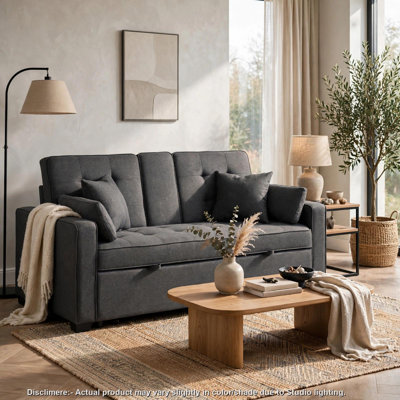Canapé-lit convertible Oli, ports USB, 4 coussins décoratifs, lin gris