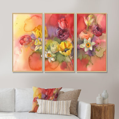 Bouquet de tulipes avec fleurs jaunes et rouges - Ensemble de 3 reproductions sur toile