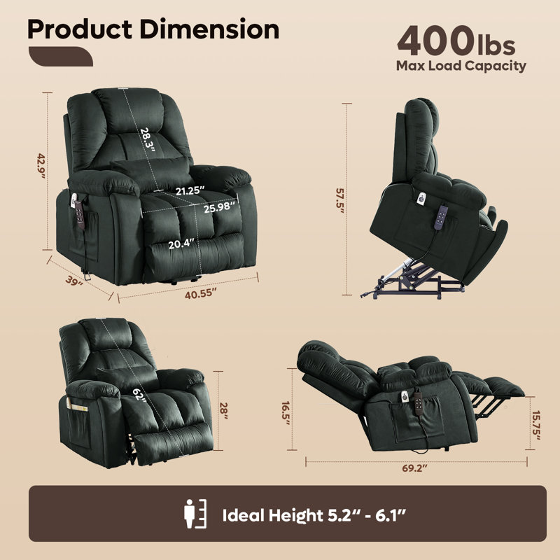 40.1" W Microsuede Oversize Dual Motor Power Lift Recliner Chair With Massage And Heating, Gray