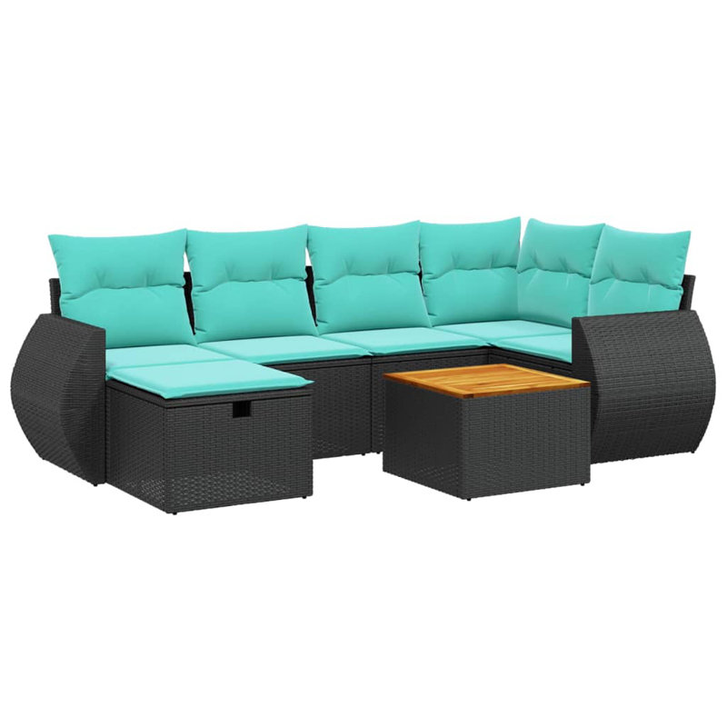  Ensemble de canapé de patio 7 pièces avec coussins en rotin de polyester noir, Bleu clair, Noir