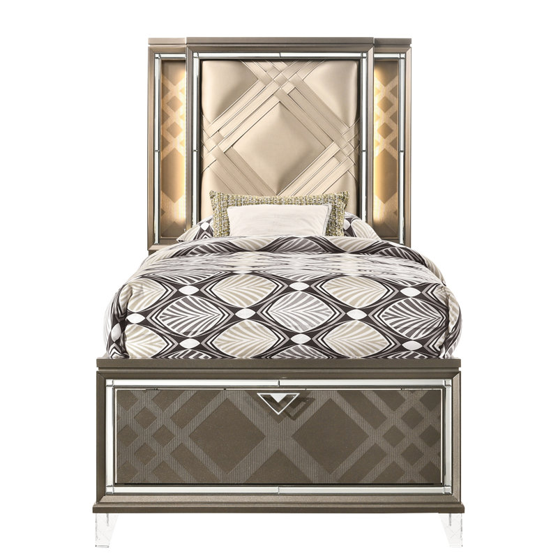Lit simple avec rangement en beige et champagne foncé, élimine le sommier tapissier, tête de lit rectangulaire et lit à champagne à tiroirs à profil bas, pas besoin de touche moderne, 2 pour l'organisation