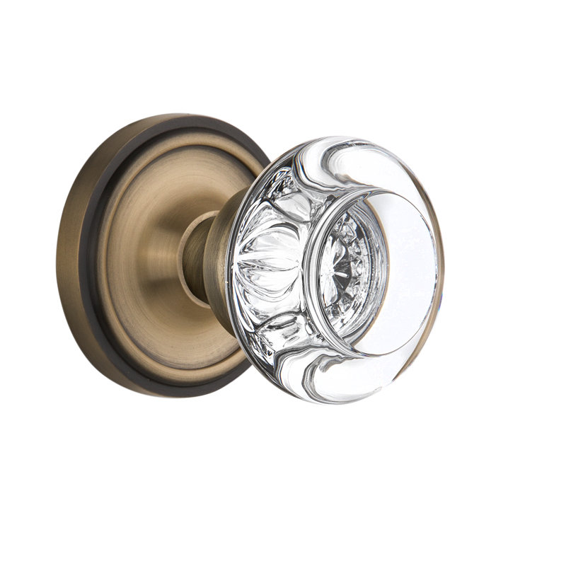 Classic Rosette with Round Clear Crystal Door Knob, Antique Brass, 2-3/8"
