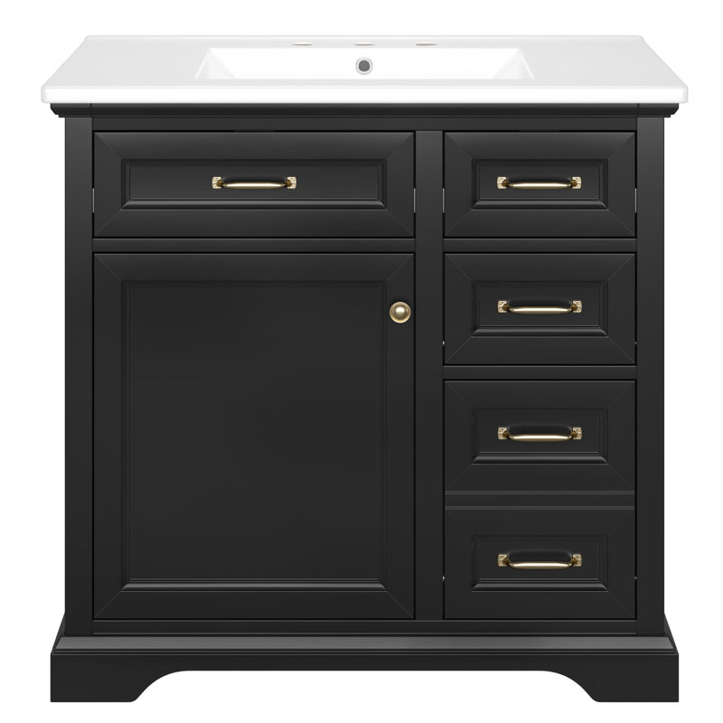 Meuble-lavabo 36 po avec lavabo en céramique, Noir et or