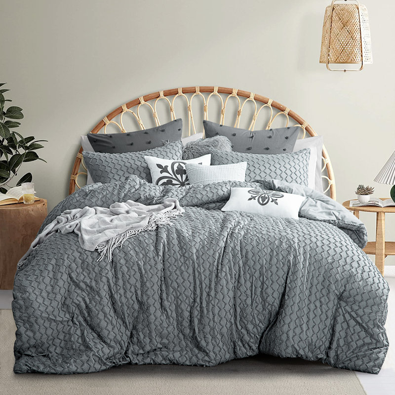Ensemble d'édredon en jacquard et capitonné Suniya, Édredon pour très grand lit + 2 très grandes ta, Gris