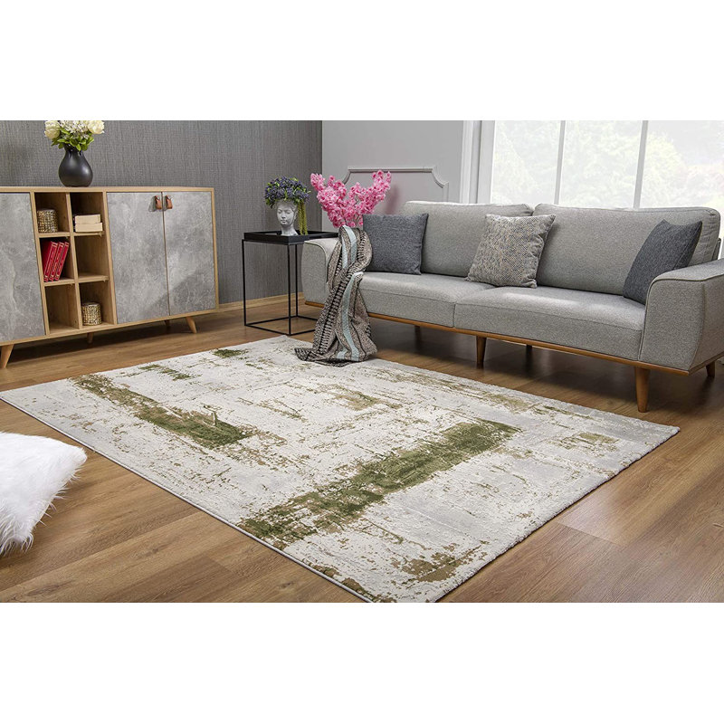 8' X 10' Green and Ivory Abstract Distressed Area Rug, Rectangle 3' x 5'