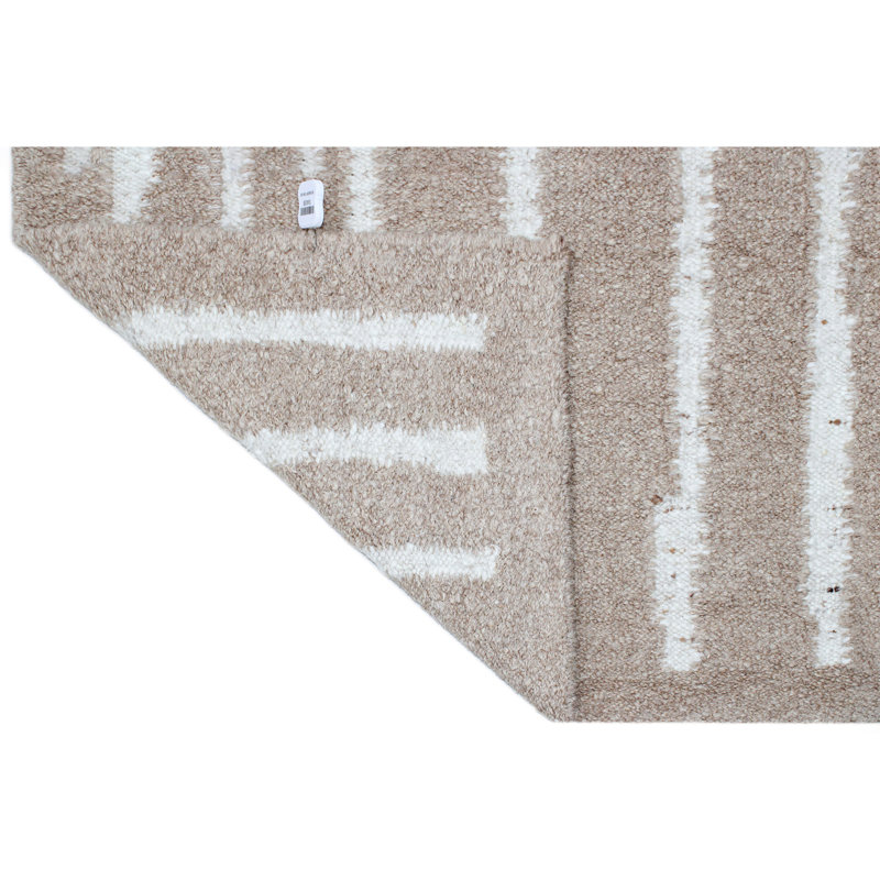 Tapis en laine noué à la main en blanc / brun, Rectangle 8 pi x 10 pi