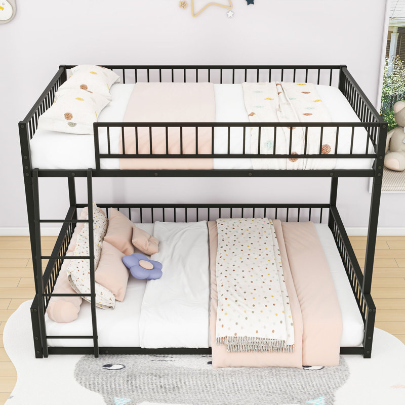 Metal Floor Bunk Bed With Ladder And Guardrails, Black, Full XL over Queen