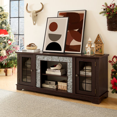 58-Inch Modern TV Stand with 2-Door Storage, Faux Stone Media Console, Cherry