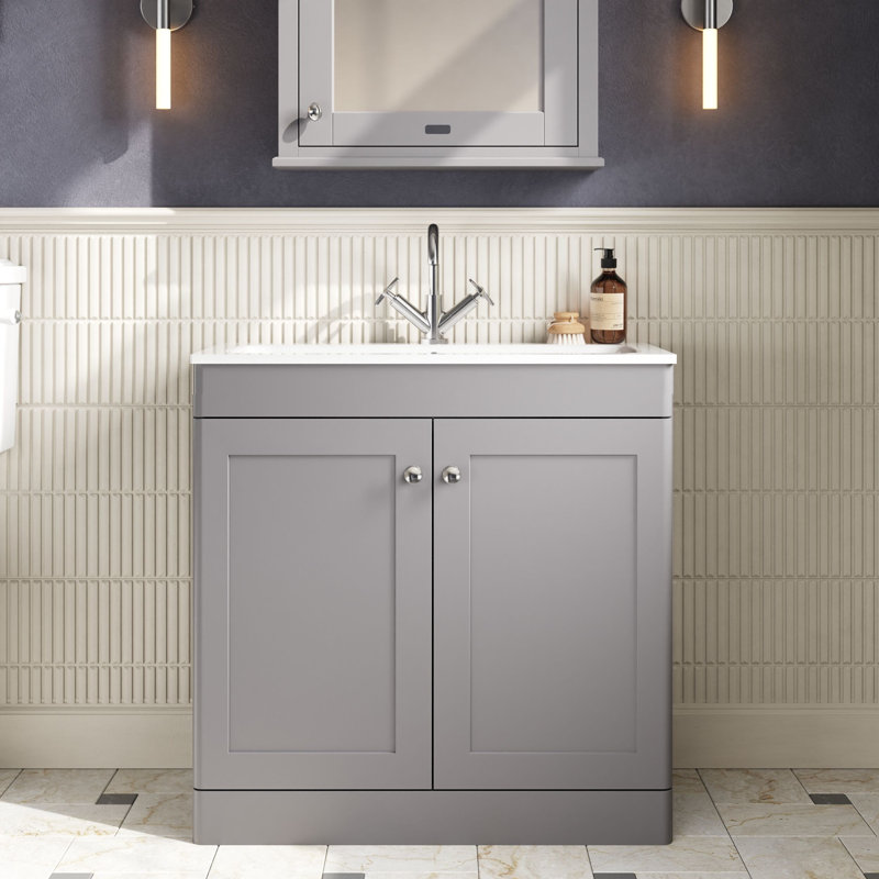 Classique Single Bathroom Vanity with Sits On Furniture Stone Basin, Satin Grey, 81 cm W