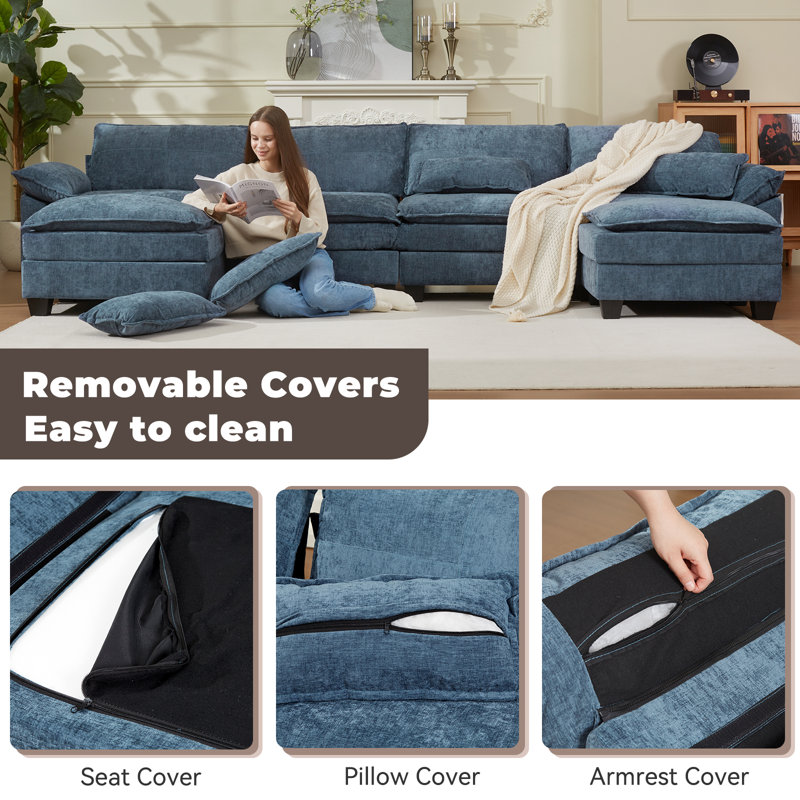 Cloud Couch Sectional With USB, Chenille, Depth 24In, Blue Chenille