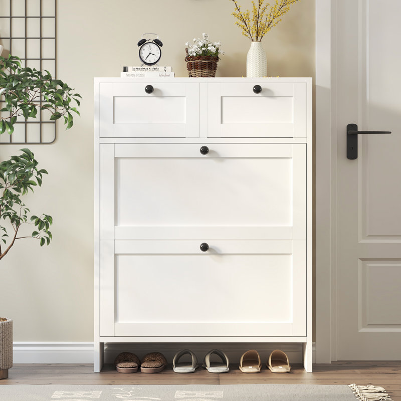 16 Pair Shoe Storage Cabinet With 2 Flip Drawers, Shoe Cabinet With 2 Storage Drawers For Narrow Entryway, White