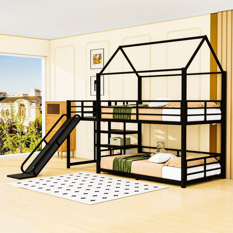 Lit superposé en métal avec glissière et garde-corps en forme de maison, Simple sur simple