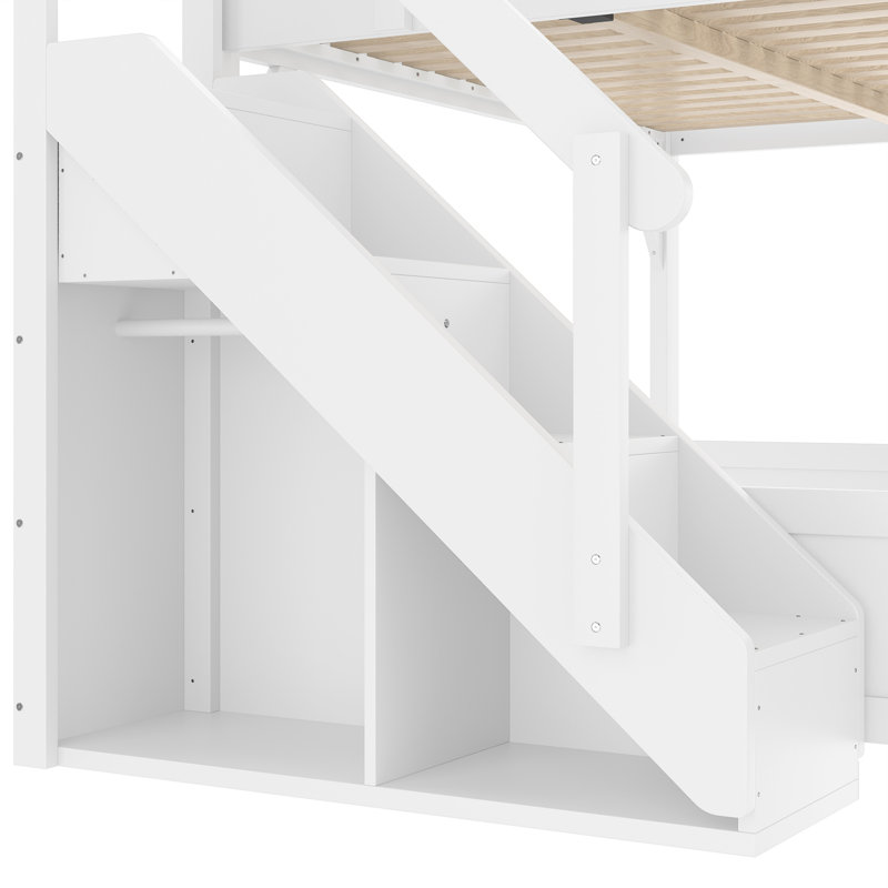 Lit mezzanine double en bois massif pour enfants avec garde-robe intégré et tablettes à côté, Lit double, Blanc