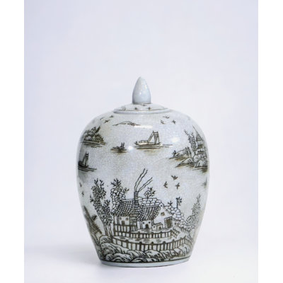 Porcelain Ginger Jar with Chinoiserie Design, Brown, 7"
