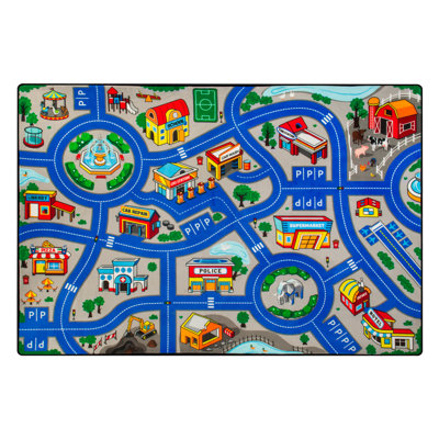 Tapis de jeu Kids City Road 5 x 7 pi, tapis de voiture réaliste avec coussin souple de 0,4 po d'épaisseur, tapis antidérapant pour chambre de salle de jeux - bleu