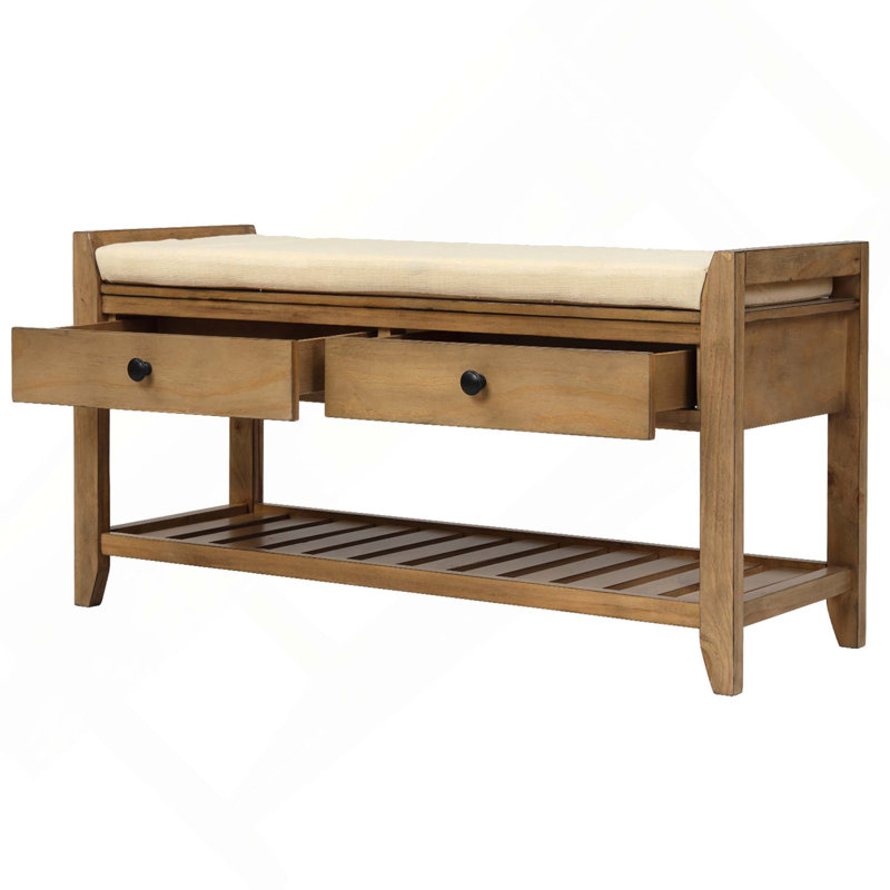 Banc de rangement polyvalent pour hall d'entrée avec range-chaussures et siège et tiroirs rembourrés, Bois de pin vieilli
