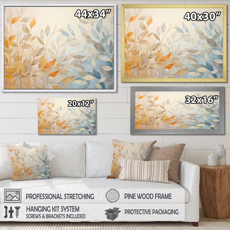Leaves Autumn Sunlight Harmony I - Feuilles, impressions encadrées, H 16 po x l 32 po x P 1 po, Toile tendue