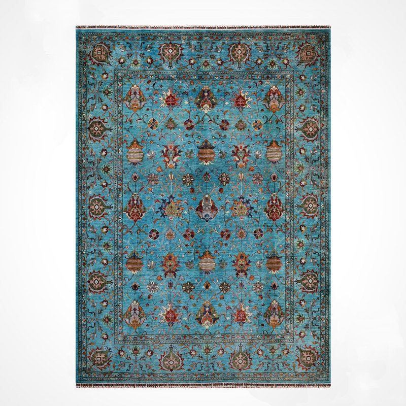 Tapis bleu sarcelle en laine et coton Original