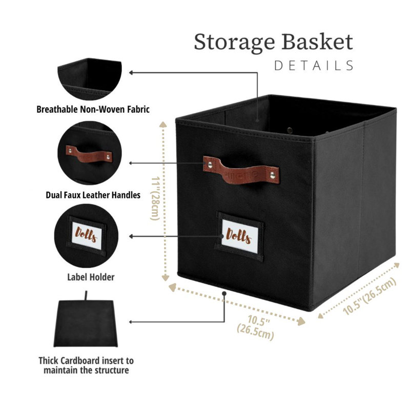 DECOMOMO Storage Bins, Cube Storage Bin with Labels, Fabric Storage Cubes for Shelves (10.5" x 11" / 6pcs, Black), Black