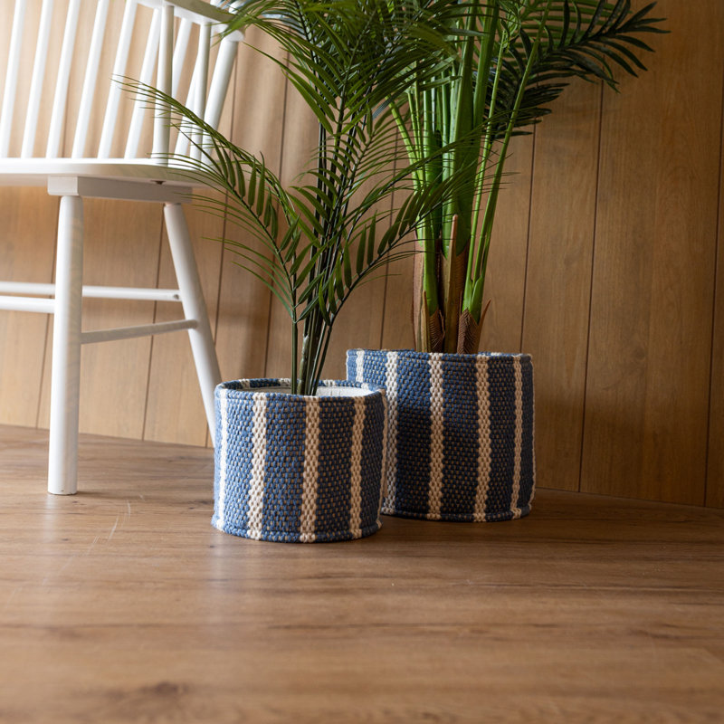 Dovecove Set of 2 Hand Woven Bins Blue Striped Cotton
