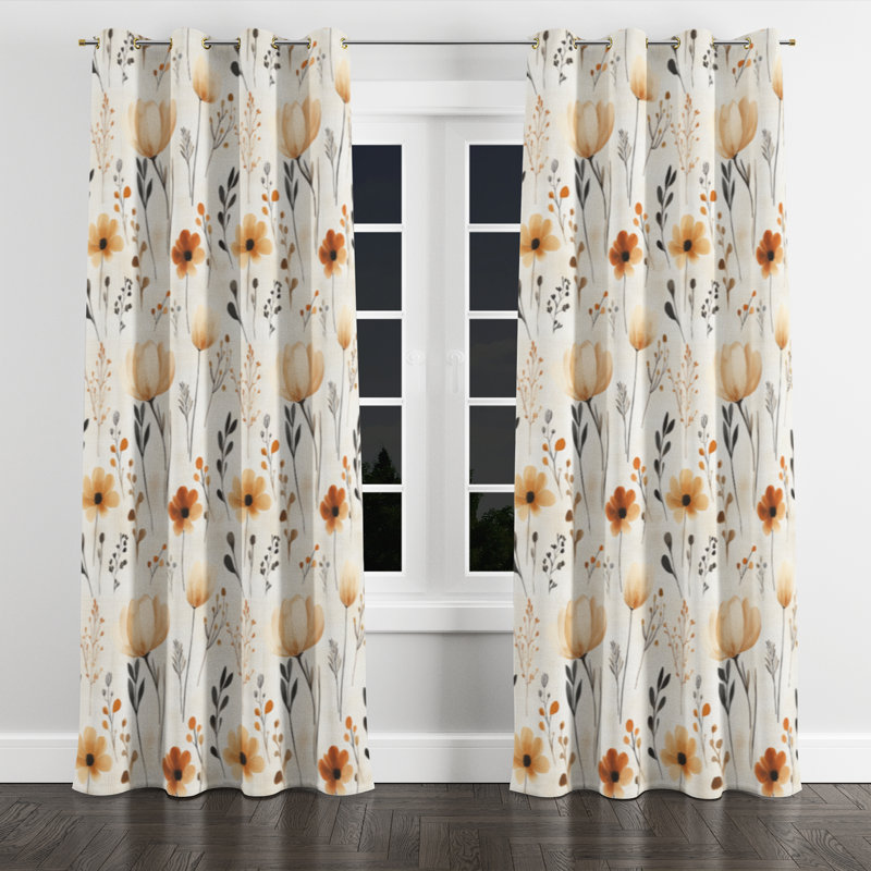 Rideaux Boho - 1 rideau floral avec œillets Azilynn, L 52 po x L 95 po, Œillets dorés