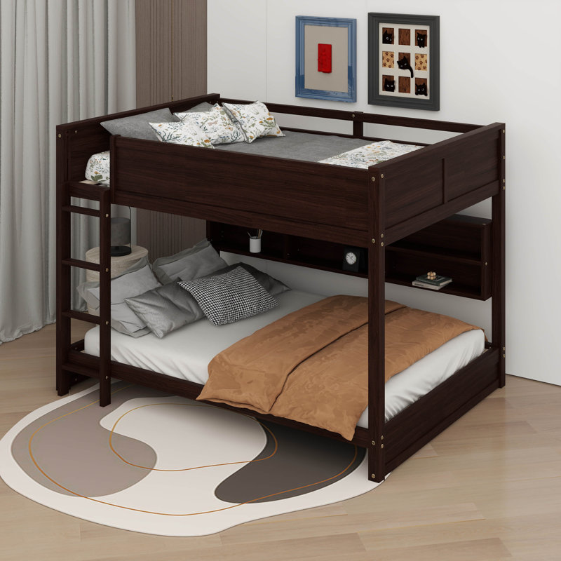 Queen Over Queen Bunk Bed With Storage Cabinets And USB Charging Ports, Brown