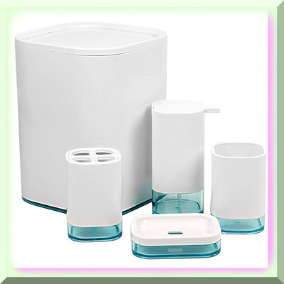 Modern White Bathroom Vanity Set: 5-Piece Acrylic Accessory Kit with Trash Can - Stylish & Functional Essentials for Your Bathroom