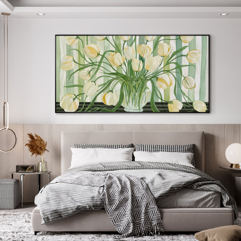 Très grand tulipe, reproduction d'art murale - fleurs blanches et jaunes dans un vase, décoration botanique moderne pour le salon ou la chambre à coucher, assemblage requis