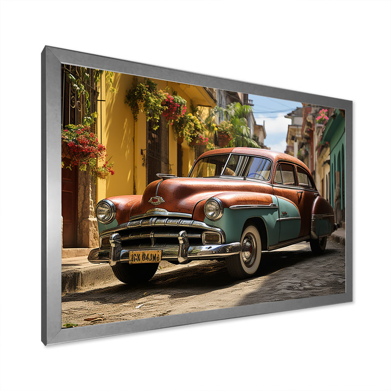«Vintage Car», art mural classique sur toile, «Vintage Cuban Heritage», Cadre simple argenté, H 24 po x l 32 po x P 1 po