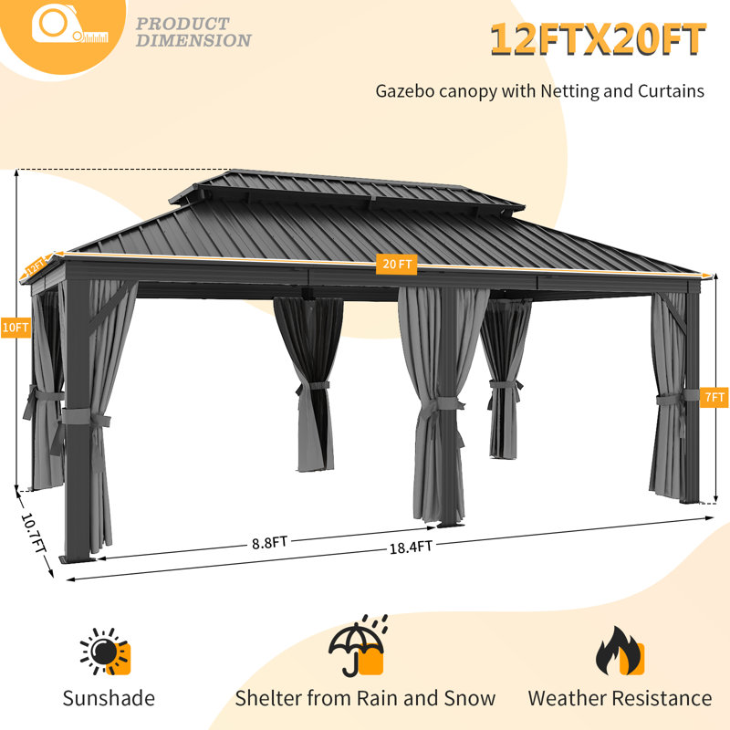 Aluminum Permanent Patio Gazebo with Double Roof, 20 Ft. W x 12 Ft. D