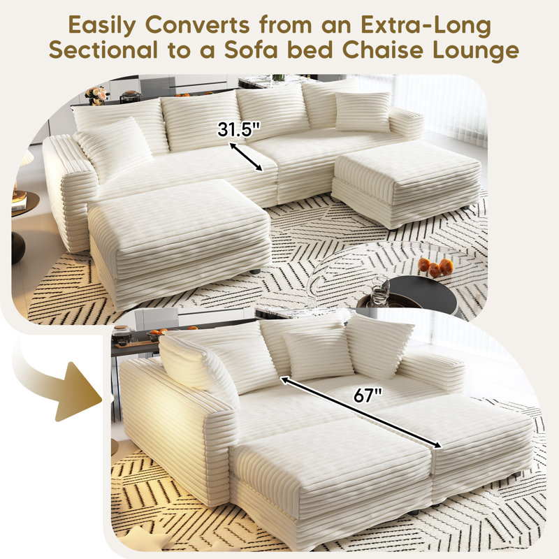 103'' Modular Sectional Sofa With Chaise Conversion And 2 Throw Pillows, Beige Corduroy