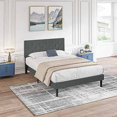 Queen Size Upholstered Platform Bed Frame With Button Tufted Headboard