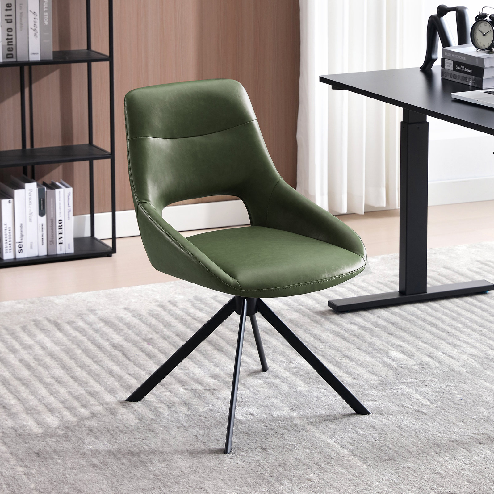 Jakavian Ergonomic Faux Leather Swivel Task Chair with Arms and Stationary Base Mid Century Modern Office Chair No Wheels