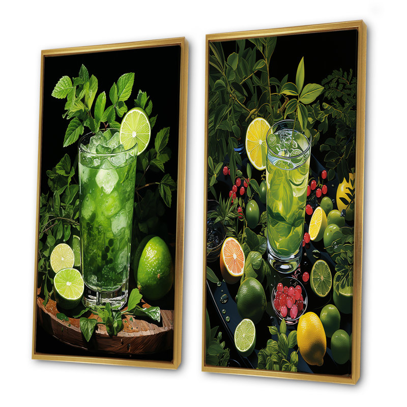 «Green Tropical Lime Cocktail I», ensemble d'art mural sur toile 2 cocktails, Encadrement doré, H 40 po x l 41 po