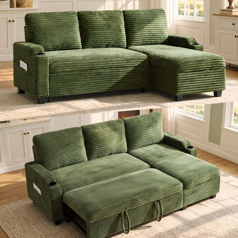 L‑Shaped Corduroy Pull‑Out Sofa Bed with USB Charging, Cup Holders & Storage Chaise, Green