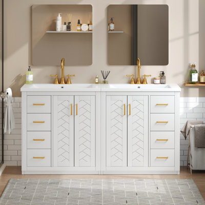Meuble-lavabo de 60 po avec lavabo en céramique de 30 po, structure en bois massif, glissières de tiroir coulissantes, portes d'armoire, rangement