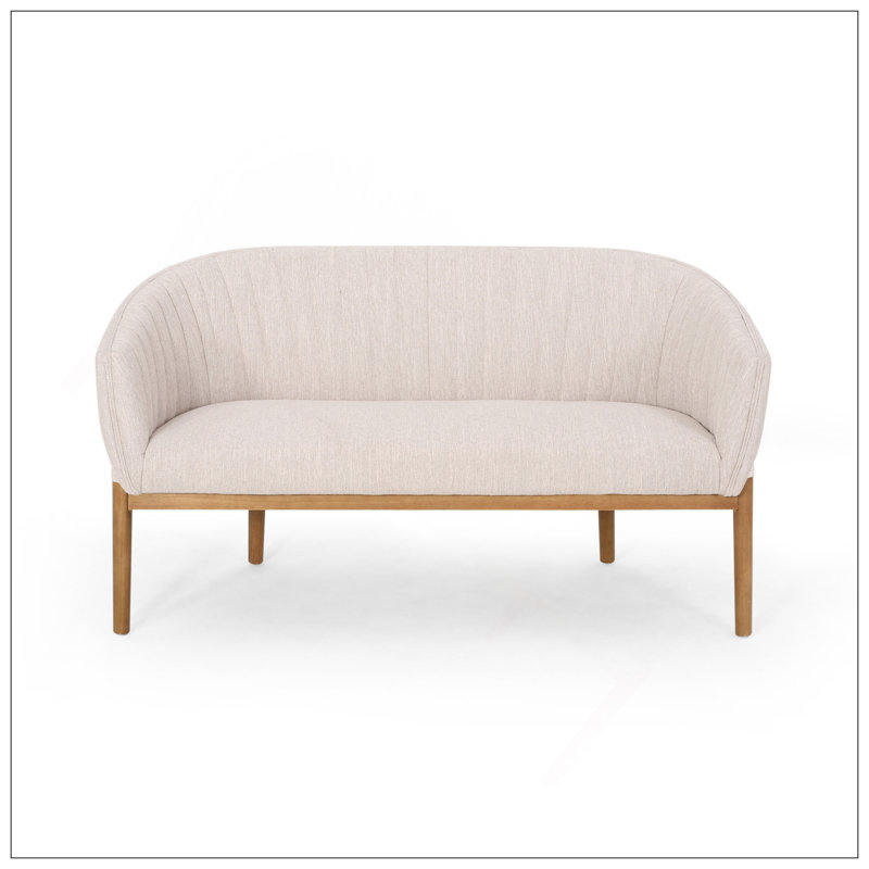 Causeuse de style Mid-Century moderne avec dossier à surpiqûres et pieds en bois d'hévéa brun, parfaite pour des sièges élégants et confortables