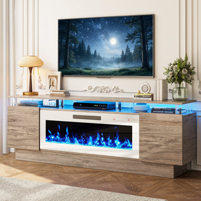 Meuble télé 70 po avec foyer électrique de 40 po, console multimédia de salon moderne à 2 niveaux, armoires de rangement ultrabrillantes avec lumières DEL, convient aux téléviseurs de 80 po ou moins