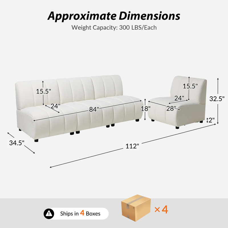 Shalon 112" Modern Modular Chenille 4-Piece Channel Tufted Sofa Set, Ivory