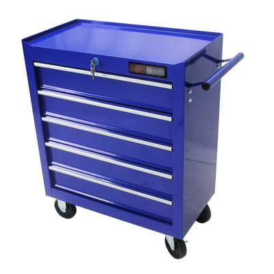 Chariot à outils bleu à 5 tiroirs avec serrure et 4 roues coulissantes réglables