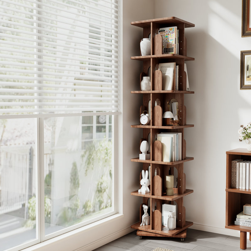 Bibliothèque rotative ouverte à 6 niveaux avec roulettes, étagère de rangement sur pied autoportante, Brun