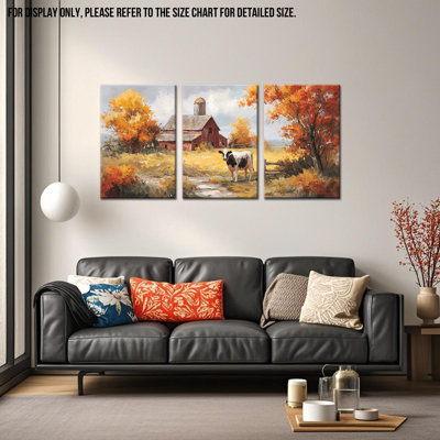 Art mural sur toile d'automne GUTTATY, peinture de campagne rustique de grange campagnarde, impressions de campagne d'automne vibrantes, décor panoramique de ton joyau, grandes photos murales prêtes à être accrochées pour le salon, 32 po x 48 po x 3 pièces