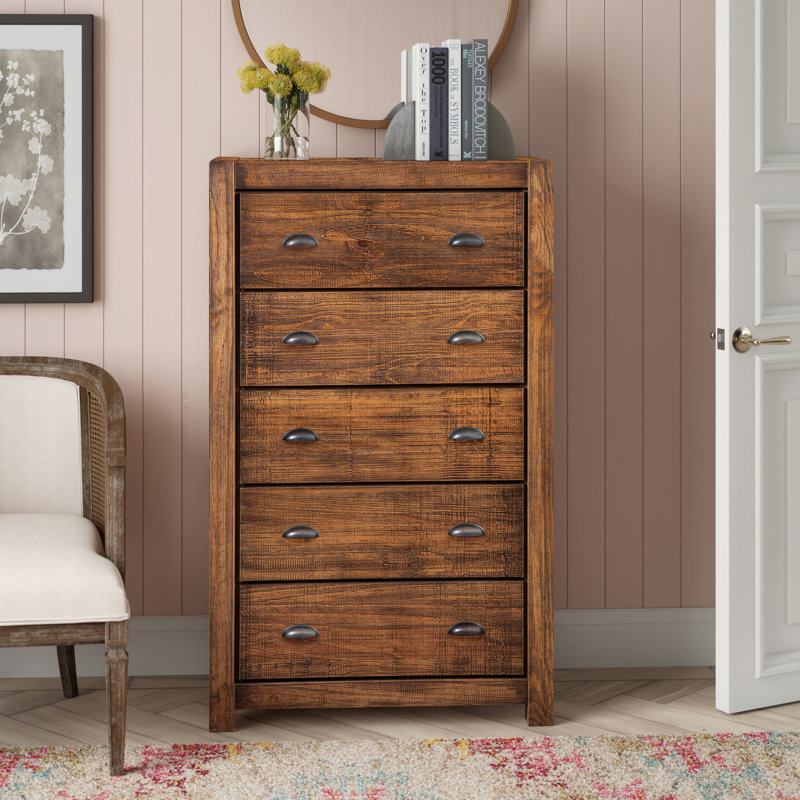 Montauk Solid Wood 32.5'' W 5-Drawer Chest, Rustic Walnut