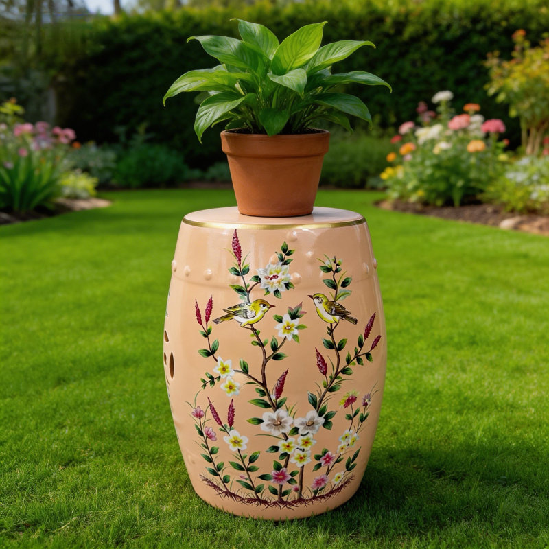 Tabouret en céramique fleur et oiseau