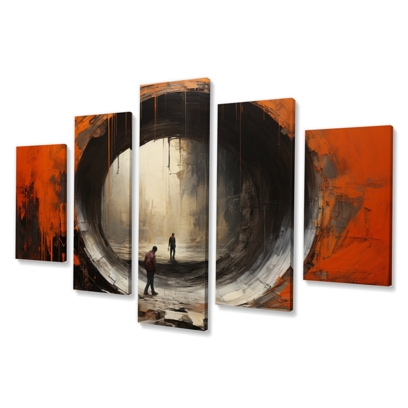 Orange tunnel abstrait portail mixte I - Tunnels sur toile - 5 panneaux