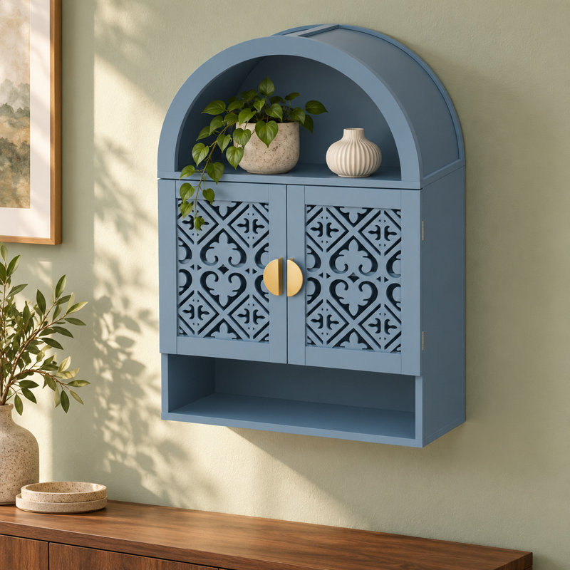 Wall-Mounted Arch Cabinet with Carved Doors
